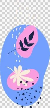 Pink blobs are floating on blue oval, flat design showing leaf and petal motifs, Stock Illustration