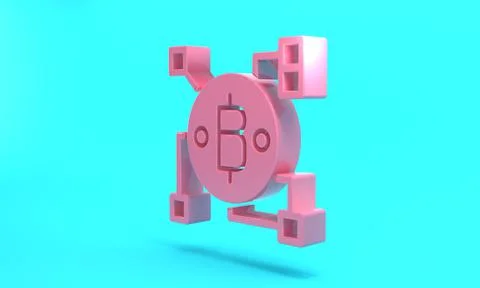 Pink Blockchain technology Bitcoin icon isolated on turquoise blue background Illustrazione stock
