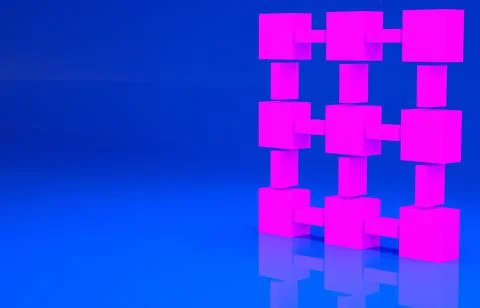 Pink Blockchain technology icon isolated on blue background. Cryptocurrency d Illustrazione stock