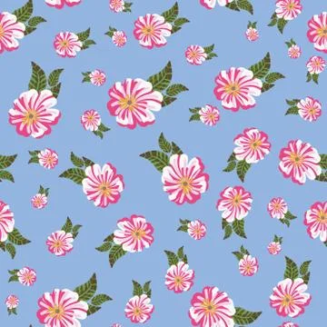 Pink blooms seamless vector pattern on blue Stock Illustration