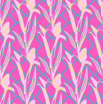 Pink blue lily pattern. Seamless yellow geometry flower pattern. Vector Stock Illustration