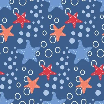Pink blue seamless pattern with starfish and bubbles, baby clothes design Stock Illustration
