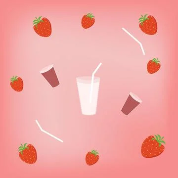 On a pink blurred background, red strawberries and glasses with straws. Stock Illustration