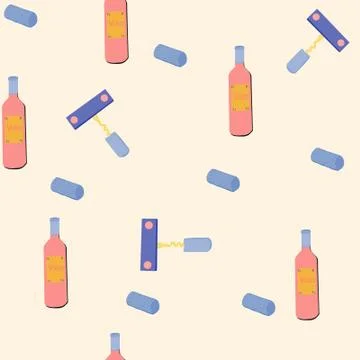 Pink boottles and blue corkscrew seamless pattern Stock Illustration
