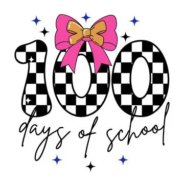 Pink bow checkered 100 days of school text Stock Illustration