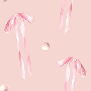 Pink bow with pearls seamless pattern Watercolor hair ribbon, Coquette style Stock Illustration