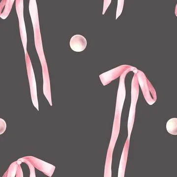 Pink bow with pearls seamless pattern Watercolor hair ribbon, Coquette style Stock Illustration