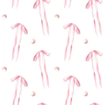 Pink bow with pears seamless pattern. Watercolor hair ribbon, Girly style hand Stock Illustration