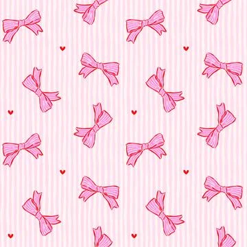 Pink Bow Seamless Pattern with Stripes Whimsical Hand Drawn Preppy Coquette.. Stock Illustration