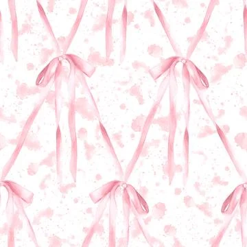Pink bow seamless pattern Watercolor rose splashes Girl coquette diamond lattice Stock Illustration