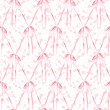 Pink bow seamless pattern Watercolor rose splashes Girl coquette diamond lattice Stock Illustration