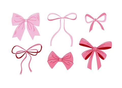 Pink Bow Set Cute Flat Ribbon Illustrations for Gift Wrapping, Decoration, and Stock Illustration