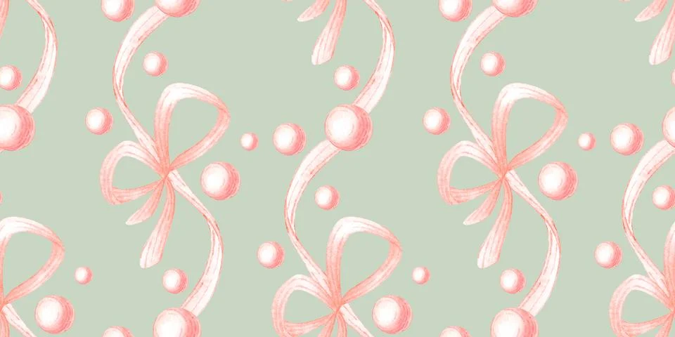 Pink bows beads seamless pattern green Stock Illustration