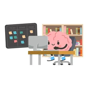 Pink brain character productive at workstation desk Stock Illustration