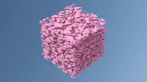 Pink broken cube, blue background. Abstract illustration, 3d render. Stock Illustration