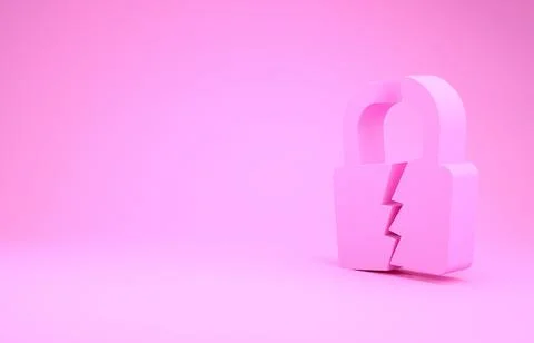 Pink Broken or cracked lock icon isolated on pink background. Unlock sign. Mi Stock Illustration