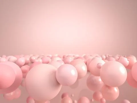 Pink bubbles and spheres flying and floating over pink paper background in Stock Illustration