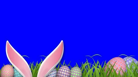 Pink bunny ears, decorated easter eggs and green grass on blue cut out screen Stock Illustration