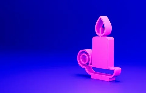 Pink Burning candle in candlestick icon isolated on blue background. Cylindrical Stock Illustration