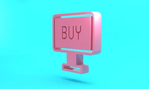 Pink Buy button icon isolated on turquoise blue background. Minimalism concep Stock Illustration