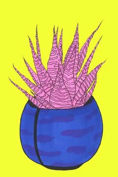 Pink cactus in a spherical blue pot on a yellow background illustration Stock Illustration