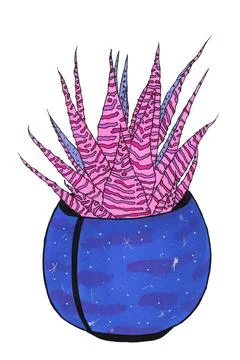 Pink cactus in a spherical blue pot on a white background illustration Stock Illustration