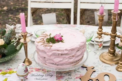 Pink cake with rose Stock Photos