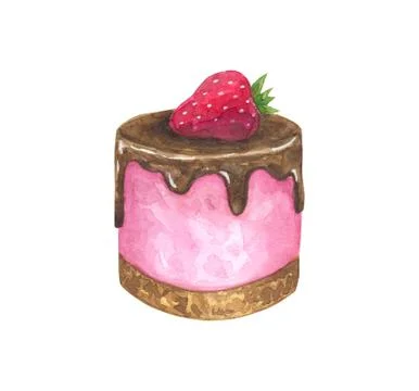 Pink cake with strawberry and chocolate icing. Hand drawn watercolor Stock Illustration