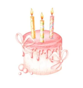 Pink cake three candles bows Ilustração Stock