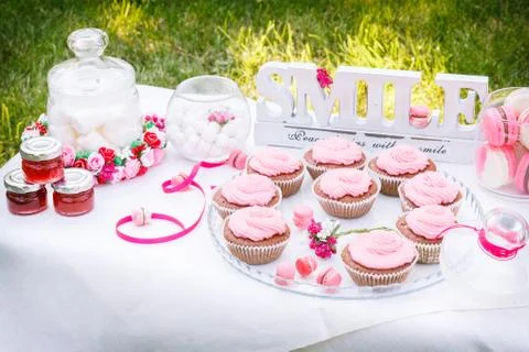 Pink cakes on the table Stock Photos