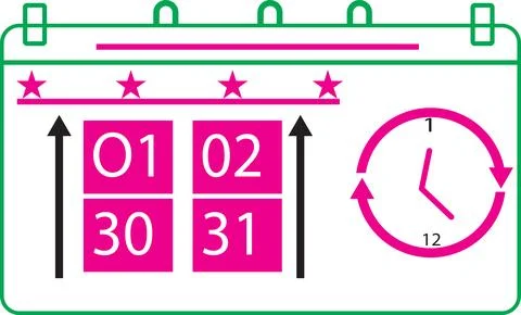 Pink calendar grid with numeric dates and rotating clock illustration Stock Illustration