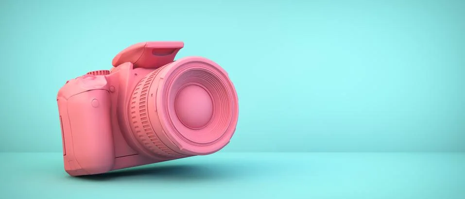 Pink camera on blue background Stock Illustration