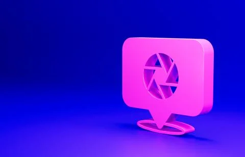 Pink Camera shutter icon isolated on blue background. Minimalism concept. 3D Illustrazione stock