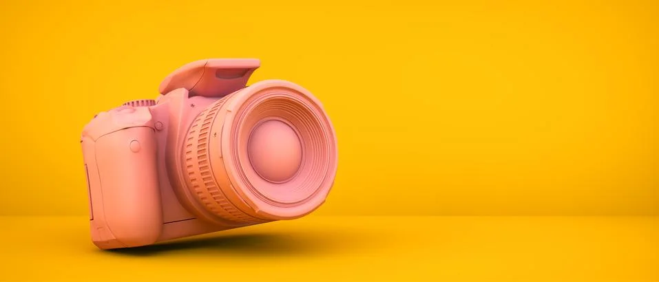 Pink camera on yellow background Stock Illustration
