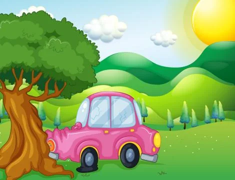 A pink car bumping the big tree Stock Illustration