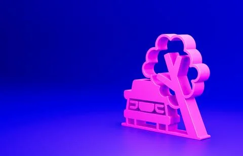 Pink Car damaged by fallen tree icon isolated on blue background. Auto insurance Stock Illustration