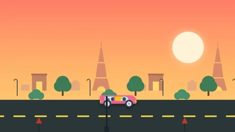 Pink Car Driving Through Paris At Sunset Flat 2D Animation Loop Stock Footage 341302816