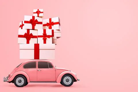 Pink car with gift boxes on the roof. Vehicle delivering present packages Stock Photos