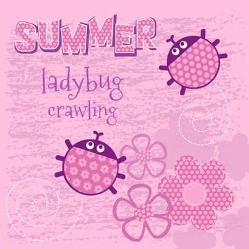 Pink card creeping ladybug vector illustration Stock Illustration