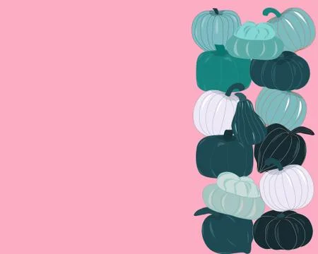 Pink card template with vertical border teal pumpkins. Stock Illustration