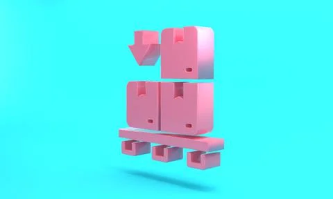 Pink Cardboard boxes on pallet icon isolated on turquoise blue background. Cl Stock Illustration