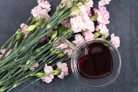 Pink carnations on a dark background with a cup of red tea in a heart-shaped cup Stock Photos
