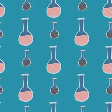 Pink cartoon seamless pattern with flask element. Turquoise background. Labor Stock Illustration