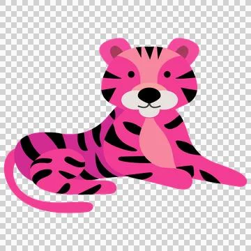 Pink cartoon tiger lying down with black stripes isolated. Ilustración de archivo