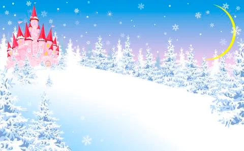 Pink castle on the background of the winter forest Stock Illustration