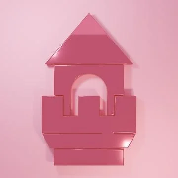 Pink Castle tower icon isolated on pink background. Fortress sign. Minimali.. Stock Illustration