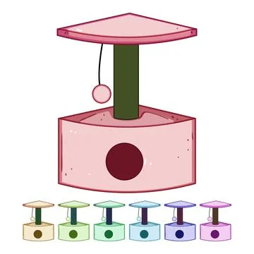Pink cat scratching post with hanging ball toy Stock Illustration