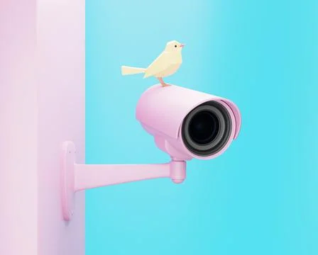 Pink CCTV security camera and yellow bird, 3d render Stock Illustration