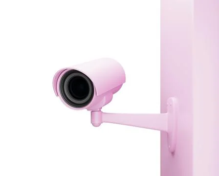 Pink CCTV security camera on the wall isolated on white, 3d render Stock Illustration