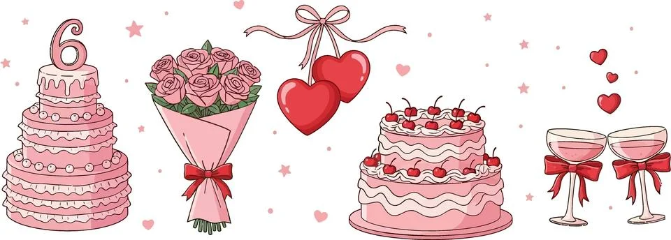 Pink Celebration Elements: Cake, Flowers, Hearts, Champagne Glasses for Bir.. Ilustración de archivo